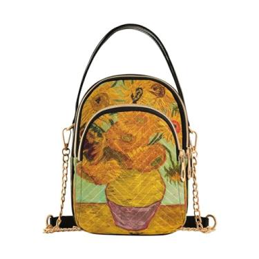 Imagem de TSENQUE Linda bolsa de ombro de urso guaxinim bolsa de mão para telefone pequena bolsa tiracolo acolchoada, Pintura de girassol Vincent, 5.91x3.15x8.27inches