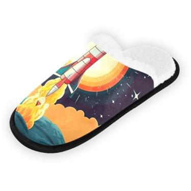 Imagem de City at Dusk Chinelos masculinos sem cadarço, chinelos de hospital portáteis com bolsa de armazenamento, Foguete decolando indo para o espaço, 9-12 US Women/9-12 US Men