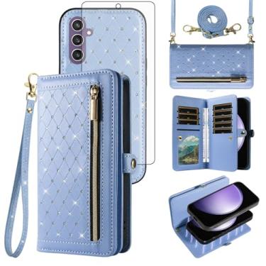 Imagem de Capa de celular para Samsung Galaxy S23 FE 5G Carteira com zíper destacável com protetor de tela de vidro temperado alça transversal Bling Flip porta-cartão de crédito S 23 EF S23FE 23S mulheres