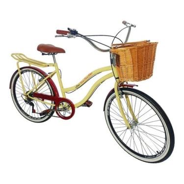 Imagem de Bicicleta Aro 26 Adulto Vintage Com Cesta Vime Bege Vermelho
