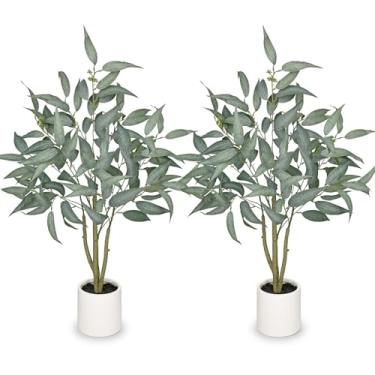 Imagem de 2 pacotes de eucalipto artificial em vaso branco – Planta interna sintética de 90 cm para decoração de casa, vegetação moderna para sala de estar, quarto, escritório – folhas de seda realistas