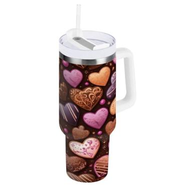 Imagem de Blueangle Copo isolado de corações de chocolate de 1,134 g com alça e tampa de palha, caneca de viagem reutilizável de aço inoxidável (17)