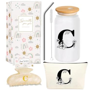 Imagem de 4MELLY Copo de vidro com inicial monograma, presentes personalizados para mulheres, copos de vidro de 473 ml, canudos, aniversário, Natal, Dia das Mães, presente para ela