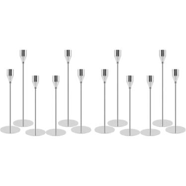 Imagem de Conjunto de 12 castiçais, castiçais cônicos prateados, 32 cm/27 cm/22 cm de altura, candelabro vintage decorativo para mesa de centro de mesa, decoração de aniversário de festa de casamento (prata)