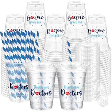 Imagem de Willinglong Pacote com 50 copos de 473 ml Thank You Doctors Copos descartáveis de plástico transparente a granel com tampas e canudos, presentes de Dia de Apreciação do Médico para Profissionais de