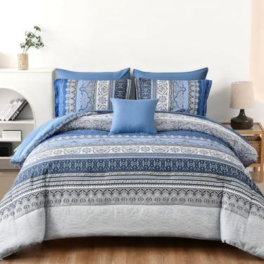 Imagem de Cottolester Conjunto de edredom boêmio, tamanho Queen, 8 peças, boêmio, listrado, azul e cinza, em uma bolsa, conjunto de edredom de microfibra macia Paisley