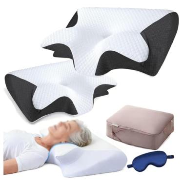Imagem de SPXMQSS Travesseiro ortopédico, ergonômico, para dor no pescoço e no ombro, almofadas laterais para dormir, travesseiro cervical de espuma viscoelástica para dor no pescoço, preto, 2 peças