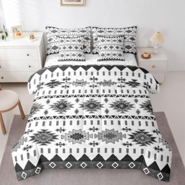 Imagem de Erosebridal Conjunto de cama boho de 7 peças, King Asteca, edredom com lençóis, casa de fazenda, tribal, rústico, sudoeste, em uma bolsa, geométrico, misterioso, cinza, preto, para adolescentes