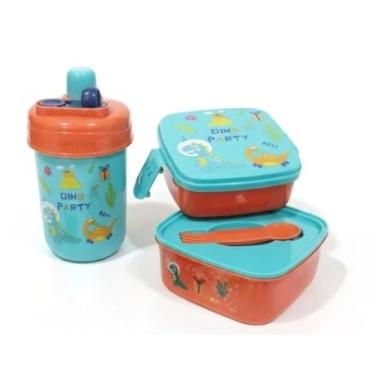 Imagem de Kit Marmita Infantil EscolarCompleto com Garrafa Bico Duplo + 2 Potes + Talher Lancheira Infantil Escolar Passeio (Verde e Laranja Dinossauro)