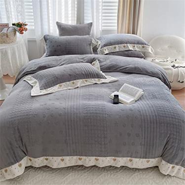 Imagem de Outono e inverno cor sólida quente leite veludo quatro peças menina coração bordado coral grosso veludo capa de edredom roupa de cama (cor: cinza, tamanho: 1,5 m) (cinza 2 m)