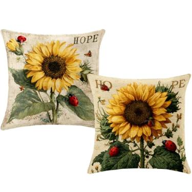 Imagem de BVBOX Conjunto de 2 capas de almofada de linho decorativas dupla face de algodão macio e linho para cama, sofá, sala de estar, quarto (girassol retrô -1, conjunto de 2)
