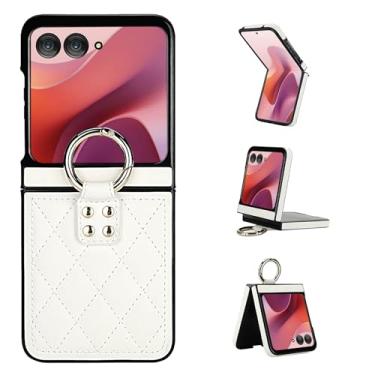 Imagem de Capa para Motorola Razr 50, capa traseira ultrafina e leve com anel de metal, capa de couro fina à prova de choque, design elegante de ponto de diamante (branco)