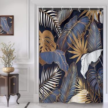 Imagem de Cinbloo Cortina de chuveiro azul marinho 48Lx72H pequena tenda boho moderno abstrato tropical ouro branco folhas de palmeira Monstera Havaí conjunto de cortina de banheiro planta botânica estética