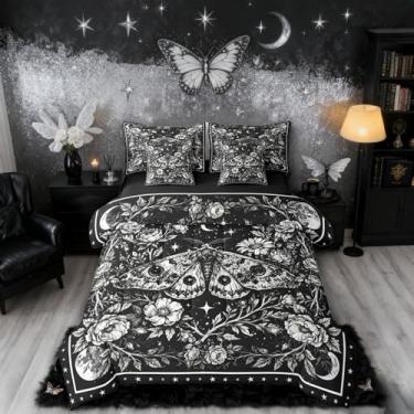 Imagem de Erosebridal Conjunto de edredom gótico solteiro com lençol | Jogo de cama de traça morta com 7 peças, vintage, rústico, floral, galáxia, decoração gótica preta