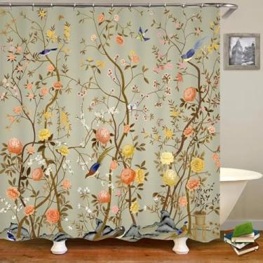 Imagem de Cortinas de chuveiro estilo chinês flor pássaro cortina de banheiro impermeável tecido impresso 3D com ganchos decoração tela de banho 59 x 72 pol. -150 x 183 cm/L x A