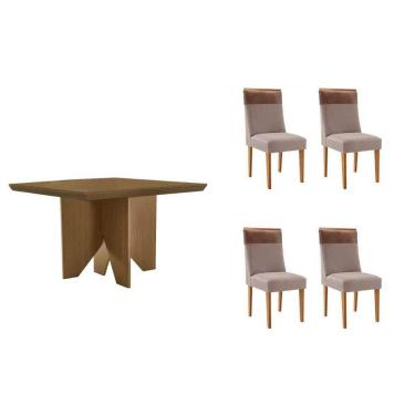 Imagem de Sala Jantar Mesa Nevada Tampo Curvo 90cm+4 Cadeiras Jaspe Madeira Naturale - Capuccino/Linho Capuccino - Rufato