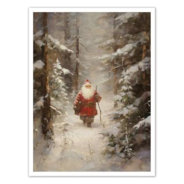 Imagem de Annual Ring Decoração de parede em tela de Natal vintage Papai Noel anda na floresta decoração de parede de Natal emoldurado/pôster grande impressões de arte de Natal 30,5 x 40,6 cm