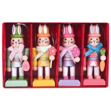 Imagem de Hamosky Enfeite de quebra-nozes coelhinho da Páscoa, estatuetas de quebra-nozes, 4 peças de decoração de mesa de madeira, enfeites de mesa de Páscoa, estátua de coelho de 10,5 cm com design colorido