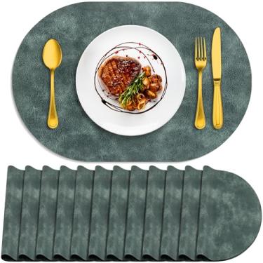 Imagem de ADRIMER Jogo americano oval, resistente ao calor, conjunto de 12 laváveis, 30,5 x 43,3 cm, tapetes de mesa à prova d'água, tapetes de poliuretano limpáveis para cozinha, sala de jantar, azul e verde