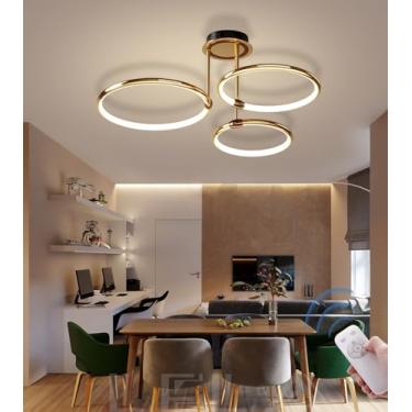 Imagem de Luminária de teto LED moderna e criativa, com design de anel LED regulável, dourada, para sala de estar, com controle remoto, iluminação que protege os olhos, ideal para quarto, quarto de jo