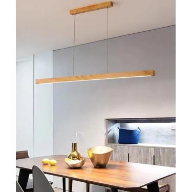 Imagem de Luminária pendente linear com controle remoto, LED dimerizável, luminária de mesa de madeira para sala de jantar, lustre para cozinha e escritório (madeira, 100 cm)