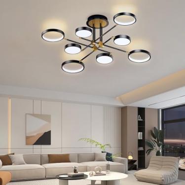 Imagem de Luminária de teto LED moderna Φ115cm, dimerizável, de embutir, 96w, redonda, com controle remoto, em acrílico, para sala de estar, quarto, cozinha, corredor e escritório (preta, 8 lâmpadas).