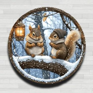 Imagem de Esquilos no ramo de neve com lanterna vintage rústico alumínio metal redondo placa de parede, presentes internos e externos de 20 cm e decoração para casa, escritório, café e quintal