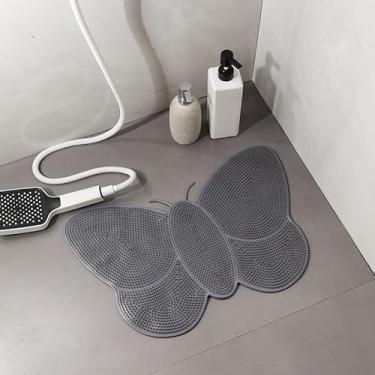 Imagem de Tapete antiderrapante com ventosas para banheiro, tapete antiderrapante impermeável para limpeza dos pés e massagem (Cinza Borboleta)