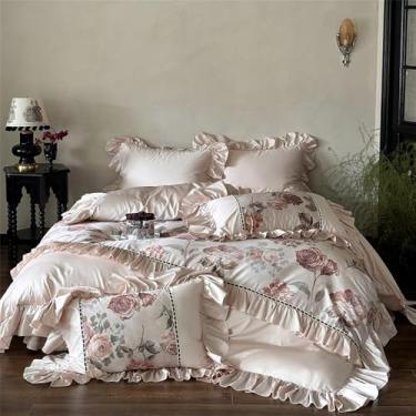 Imagem de Conjunto de cama vintage elegante com estampa de rosas e babados, em algodão, para camas de casal, queen e king. Inclui lençol, fronhas e capa de edredom. Tamanho Queen (200x230cm) com 4 peças.