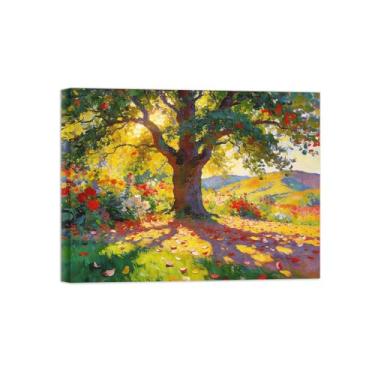 Imagem de BMZFYBS Impressão em tela de paisagem de arte de parede - árvore flores luz do sol - pintura de decoração - imagens para sala de estar pronta para pendurar tela embrulhada 60 x 80 cm 24 x 31 pol