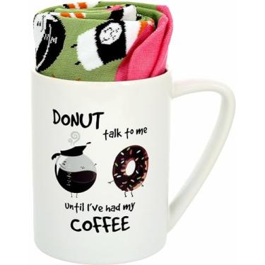 Imagem de Pavilion - Donut Talk To Me Until I've Had My Coffee - Rosa e Verde Novidade Meias e Caneca de 535 ml Presente de Relacionamento de Longa Distância Presente Namorada Esposa Presente