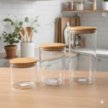 Imagem de Kit com 3 Potes de Vidro Borossilicato com Tampa de Bambu, 1800ml, 950ml, 550ml, Transparente, Armazenamento de Alimentos