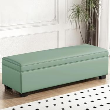 Imagem de Modern Entryway Wood Storage Bench, Wrapped in PU Leather, with Sturdy Legs, Hidden Storage, High-resilience Foam Padding, Suitable for Bedrooms(Green,80 * 40 * 40cm/31 * 16 * 16in)