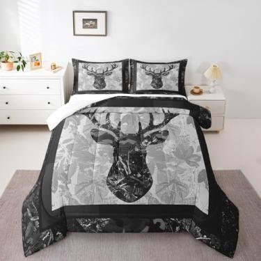 Imagem de Homewish Conjunto de edredom Queen com estampa de silhueta de animal selvagem, geométrico, xadrez, cinza, camuflagem, 2 fronhas