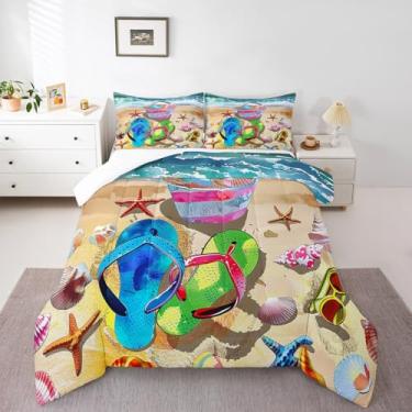 Imagem de Homewish Conjunto de edredom com estampa de estrela-do-mar, para decoração de quarto de crianças, meninos, meninas, praia, praia, verão, 2 fronhas