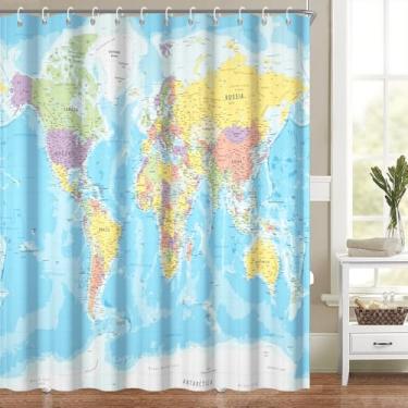 Imagem de Cortina de chuveiro com mapa do mundo de 153 x 182 cm para banheiro, países e cidades, cortinas de banheira, decoração de banheiro, geografia, educacional, lavável, tecido de poliéster impermeável com