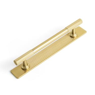 Imagem de Goo-Ki Puxador de armário de liga de zinco dourado escovado com placa traseira - 128 mm (128 mm) ferragens para quarto, cozinha, pacote com 2 (9596-G)