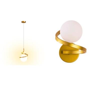 Imagem de Conjunto de Pendente Globo Circular Dourado 7W Luz Ajustável 3 tons e Arandela Globo Espiral Zéfiro Dourada LED 7W Troca de Cor No Interruptor
