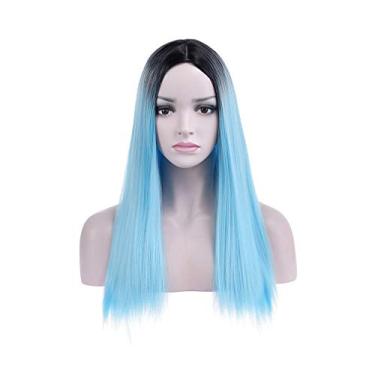 Imagem de BERON Perucas pretas a azuis, peruca longa reta para mulheres, perucas de 61 cm, peruca para cosplay, festa de Halloween ou uso diário, touca incluída
