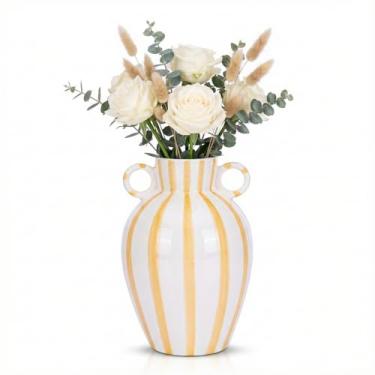 Imagem de Vaso elíptico amarelo e branco, vaso xadrez moderno com alças, vasos de flores de cerâmica boca larga para decoração de cozinha quadriculada e mesa de jantar, prateleiras, centros de mesa de lareira
