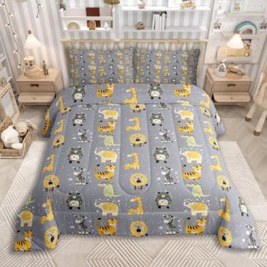 Imagem de jejeloiu Conjunto de cama macio para meninos e meninas, animais de safári, solteiro, selva, edredom de microfibra, 2 peças com 1 fronha
