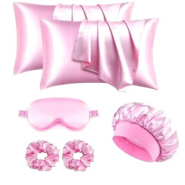 Imagem de Conjunto de 6 peças de 6 peças para penteados femininos, cor sólida com fronha de seda destacável, touca de dormir, máscara de olho de seda, elásticos grandes, rosa