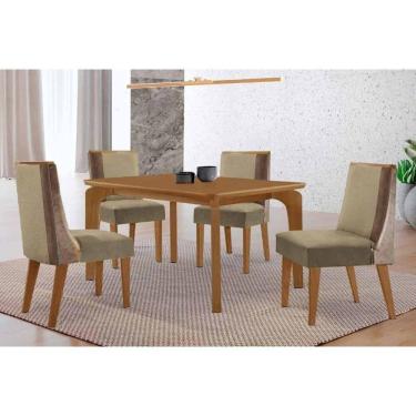 Imagem de Conjunto: Mesa Sala Jantar Londrina c/ Tampo Madeirado Canto Curvo 120x80cm e 4 Cadeiras Tilia Naturale - Suede Creme Rufato