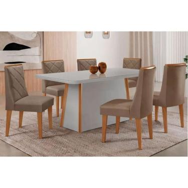 Imagem de Conjunto: Mesa Sala Jantar Tilia Curvo 180cm + 6 Cadeiras Pietá Naturale/Off White - Suede Capuccino - Rufato