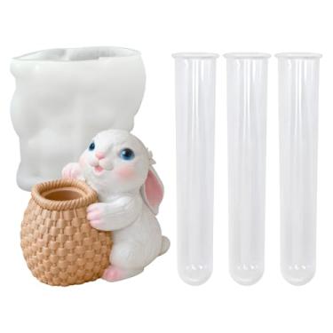 Imagem de Conjunto de moldes de resina hidropônica de desenho animado, 3 suportes transparentes para plantas de tubo de ensaio com molde de silicone de coelho para estação de propagação de plantas de resina