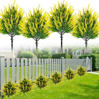 Imagem de YUGYUM Flores de lavanda artificiais, vegetação com espigão ao ar livre, arbustos falsos, plantas, plantas de plástico resistente a UV para ambientes externos, casa, jardim, varanda, primavera