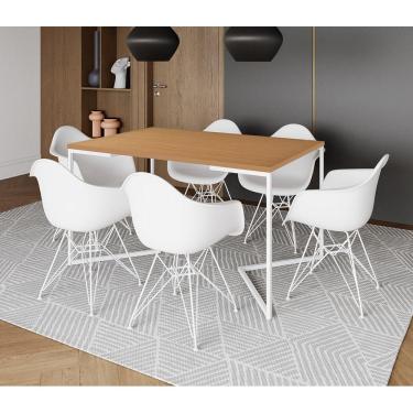Imagem de Mesa Industrial Jantar Canela 137X90Cm Base V Com 6 Poltronas Brancas Ferro Branco Canela