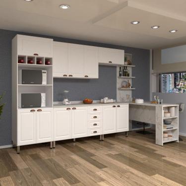 Imagem de Armário De Cozinha Compacta 5 Peças Com Tampo Bancada E Espaço Para Forno Cristal Luciane Móveis Branco Polar Com Branco Pet E Marmore