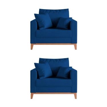 Imagem de Kit 2 Poltronas Beny Decorativa Com 2 Almofadas Veludo Azul Base Em Madeira Maciça