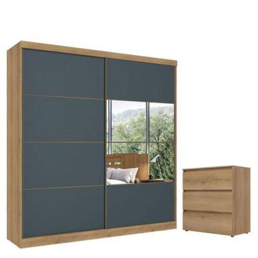 Imagem de Guarda Roupa Casal Malaga Glass 2 Portas Capuccino Azul Acetinado E Cômoda Gaveteiro Condessa Capuccino - Thb